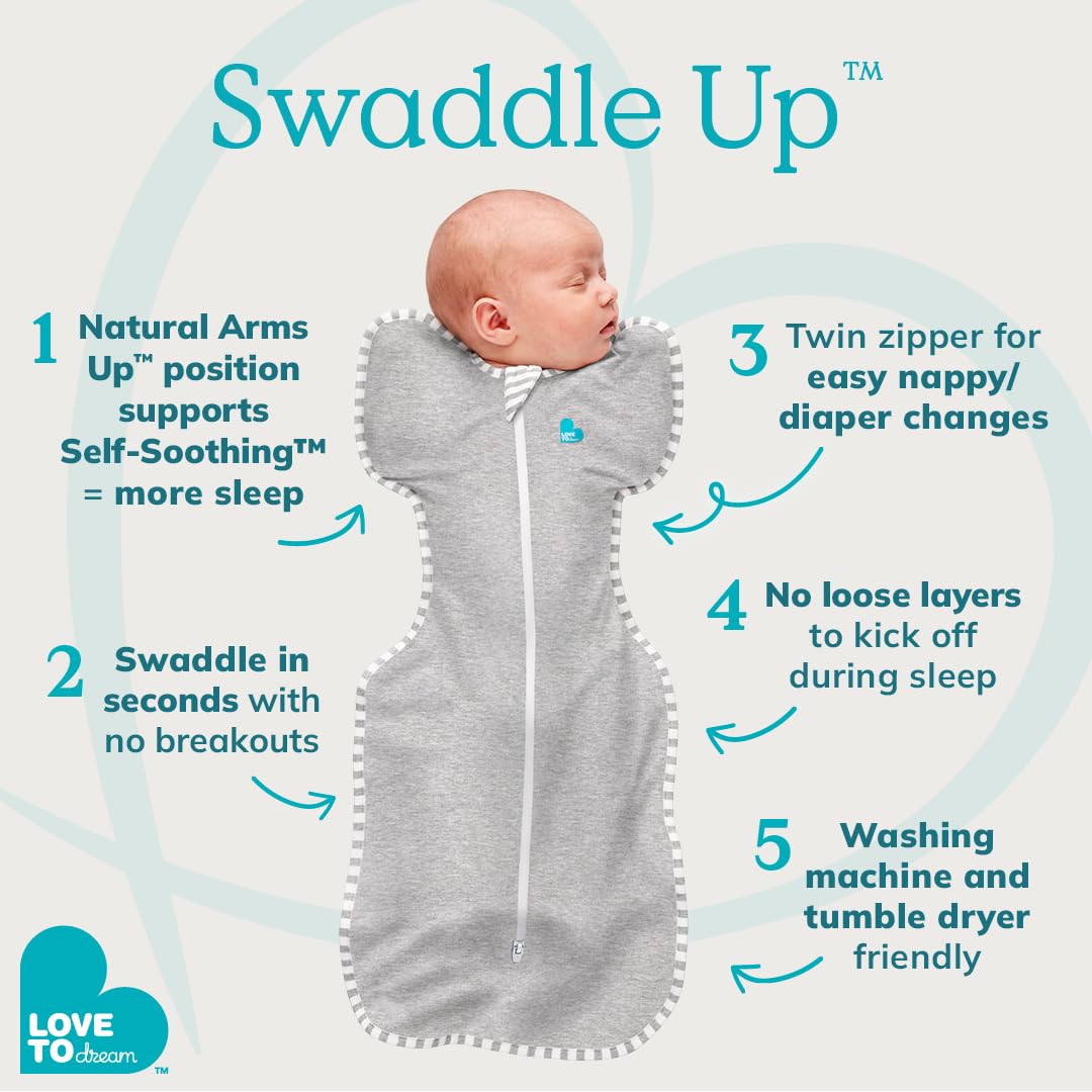 Love To Dream Swaddle UP 1.0 TOG, Baby Sleeping Bag, Fabric for Moderate Temp (20-24°C), Arms Up Position, Hip-Healthy, Twin Zipper for Easy Nappy Changes, 3.5-6kg, Sand Dollar
