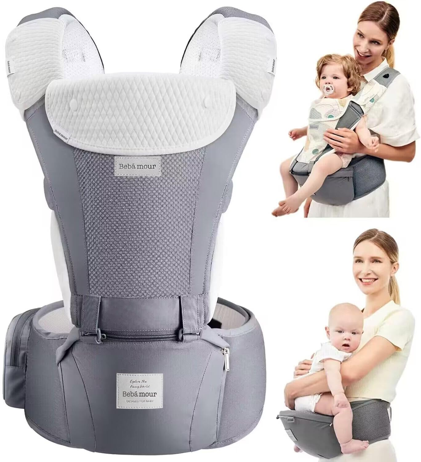Bebamour Mesh Newborn Baby Carrier Front and Back Carry Baby Newborns to Toddler Baby Hip Carrier (New Khaki)