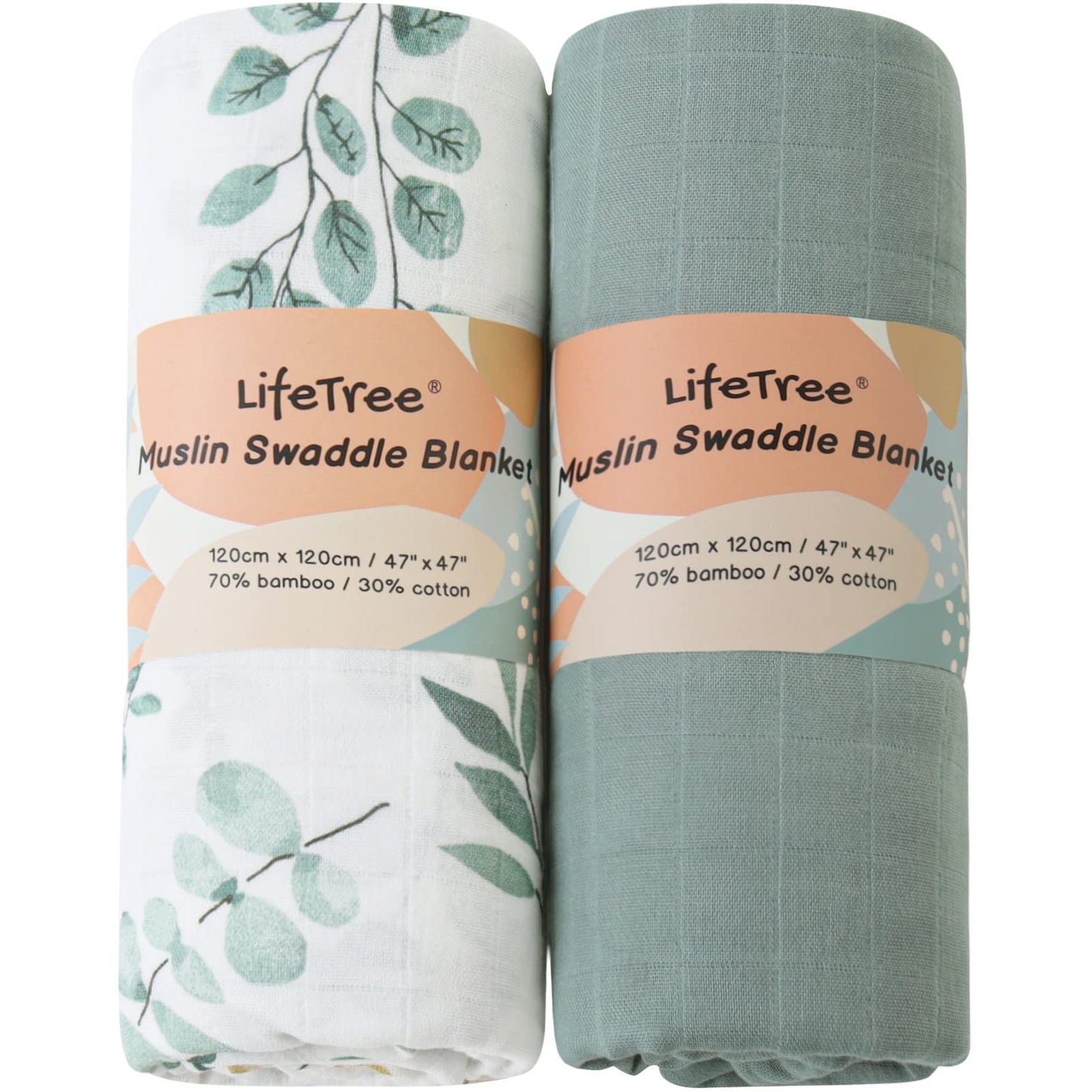 LifeTree Muslin Baby Swaddle Blankets, Baby Swaddling Neutral Receiving Blanket for Boys & Girls, 70% Viscose from Bamboo & 30% Cotton, Large 47 x 47 inches Eucalyptus Print/Roman Green