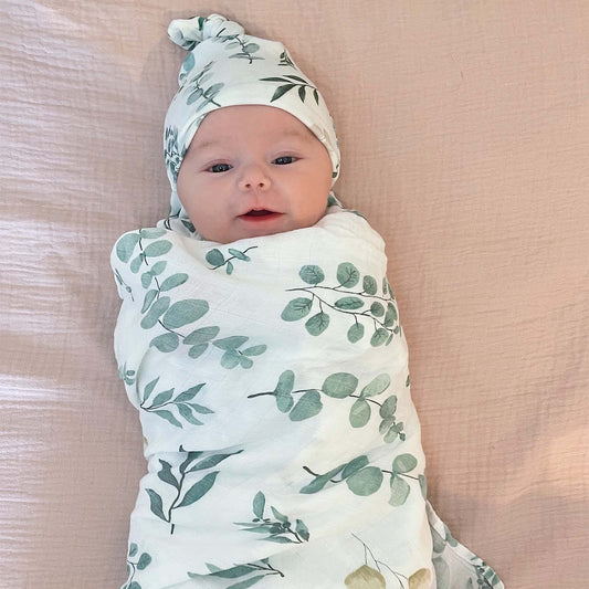LifeTree Muslin Baby Swaddle Blankets, Baby Swaddling Neutral Receiving Blanket for Boys & Girls, 70% Viscose from Bamboo & 30% Cotton, Large 47 x 47 inches Eucalyptus Print/Roman Green