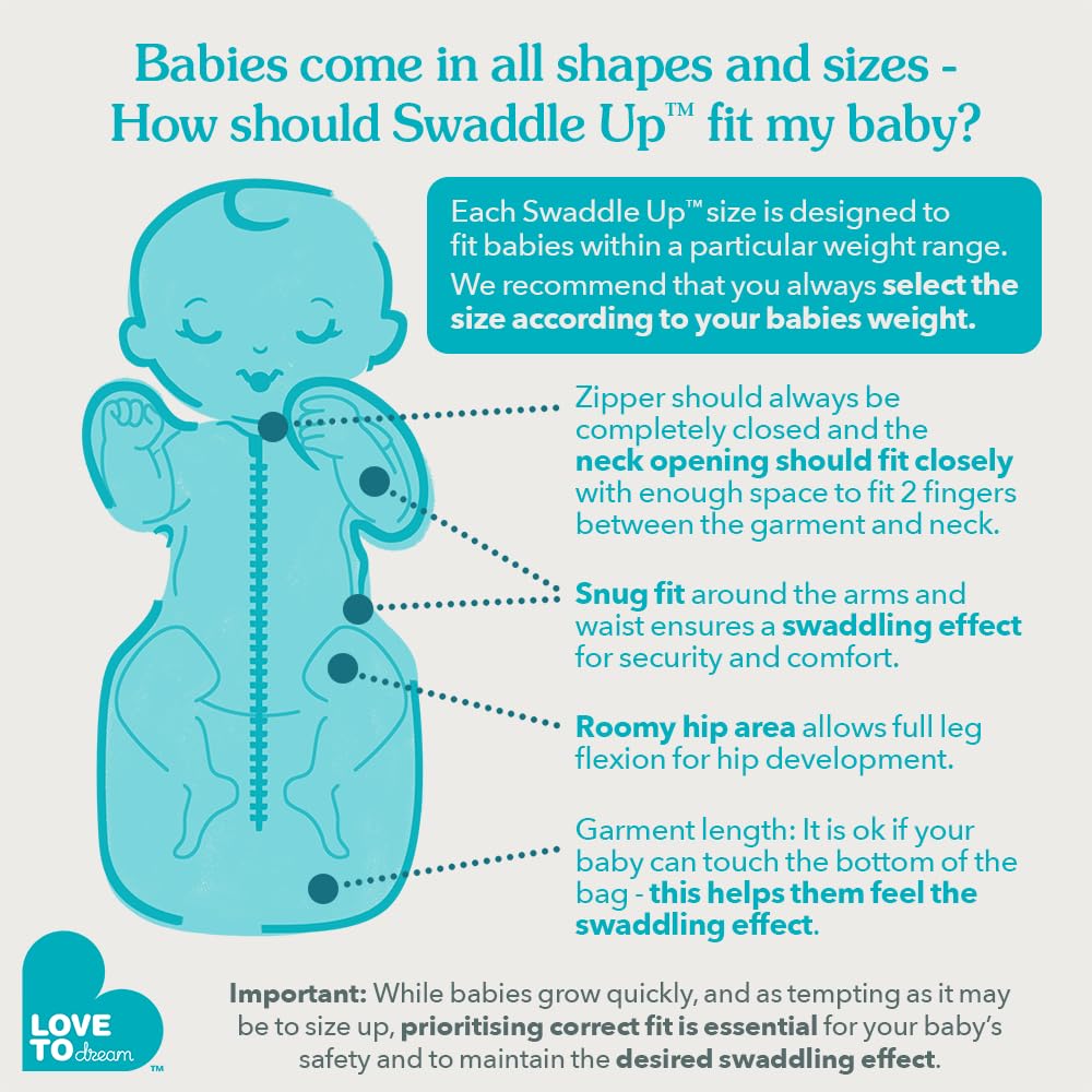 Love To Dream Swaddle UP 1.0 TOG, Baby Sleeping Bag, Fabric for Moderate Temp (20-24°C), Arms Up Position, Hip-Healthy, Twin Zipper for Easy Nappy Changes, 3.5-6kg, Sand Dollar