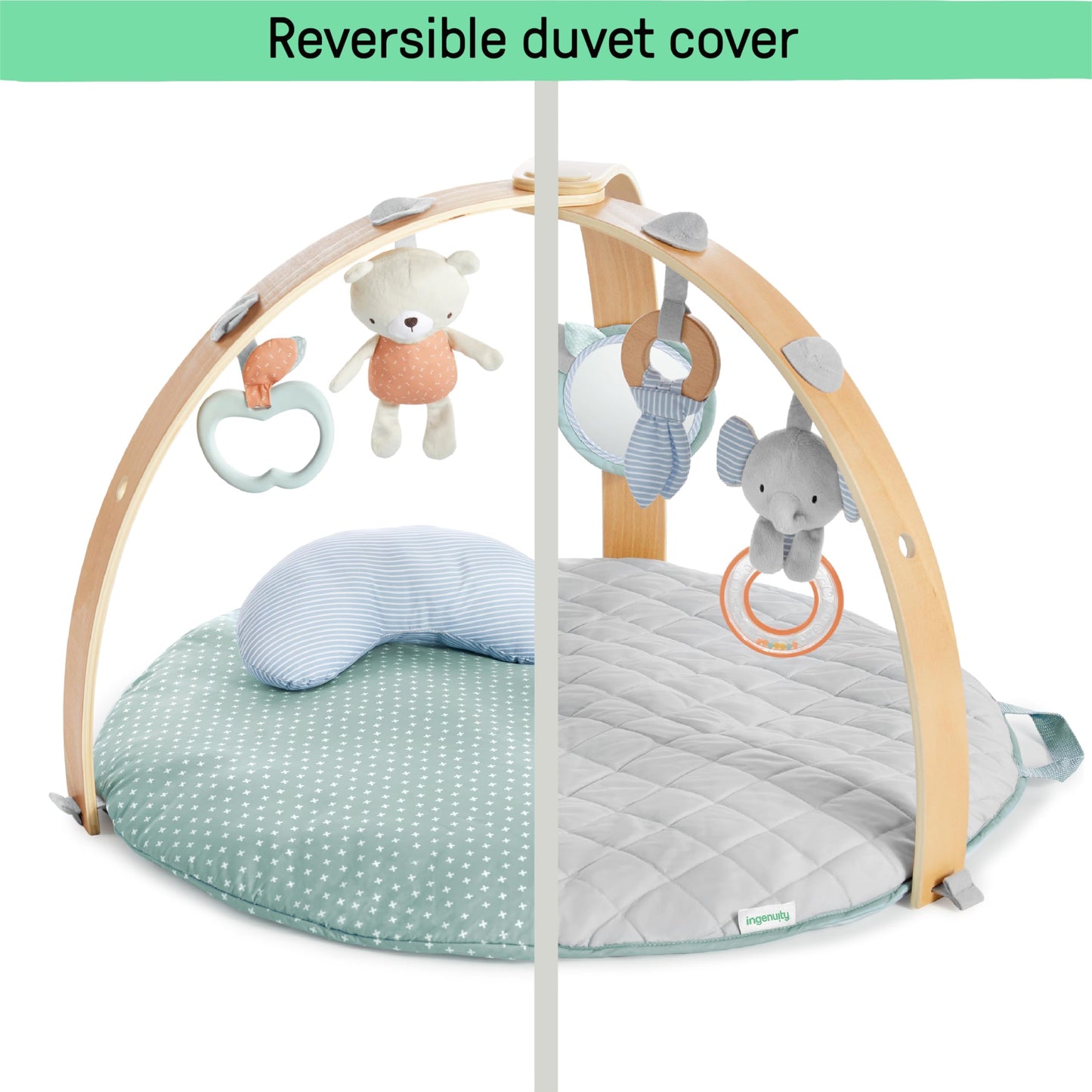 Ingenuity Cozy Spot Reversible Duvet Activity Gym & Play Mat with Wooden Toy bar - Loamy, Newborn and up