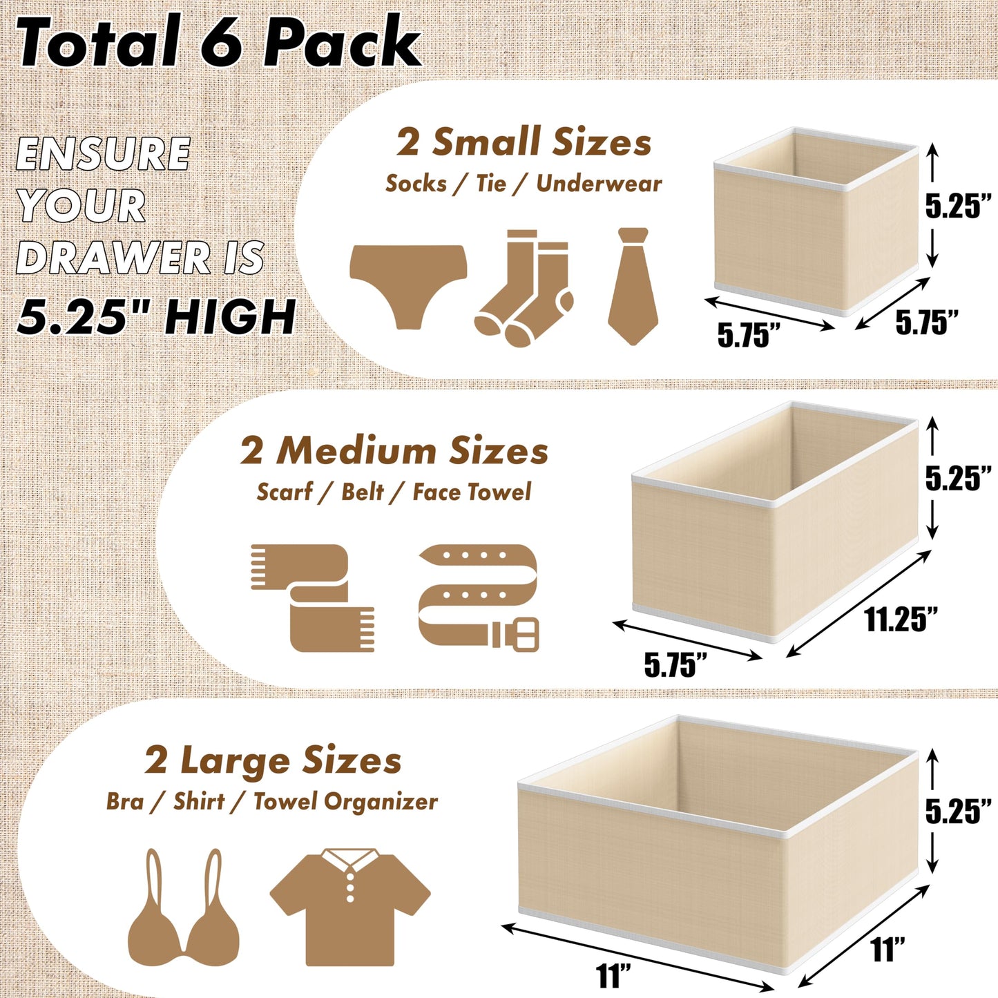 SimpleHouseware Set of 6 Drawer Organiser Storage Bin for Clothing, Underwear and Bra, Beige