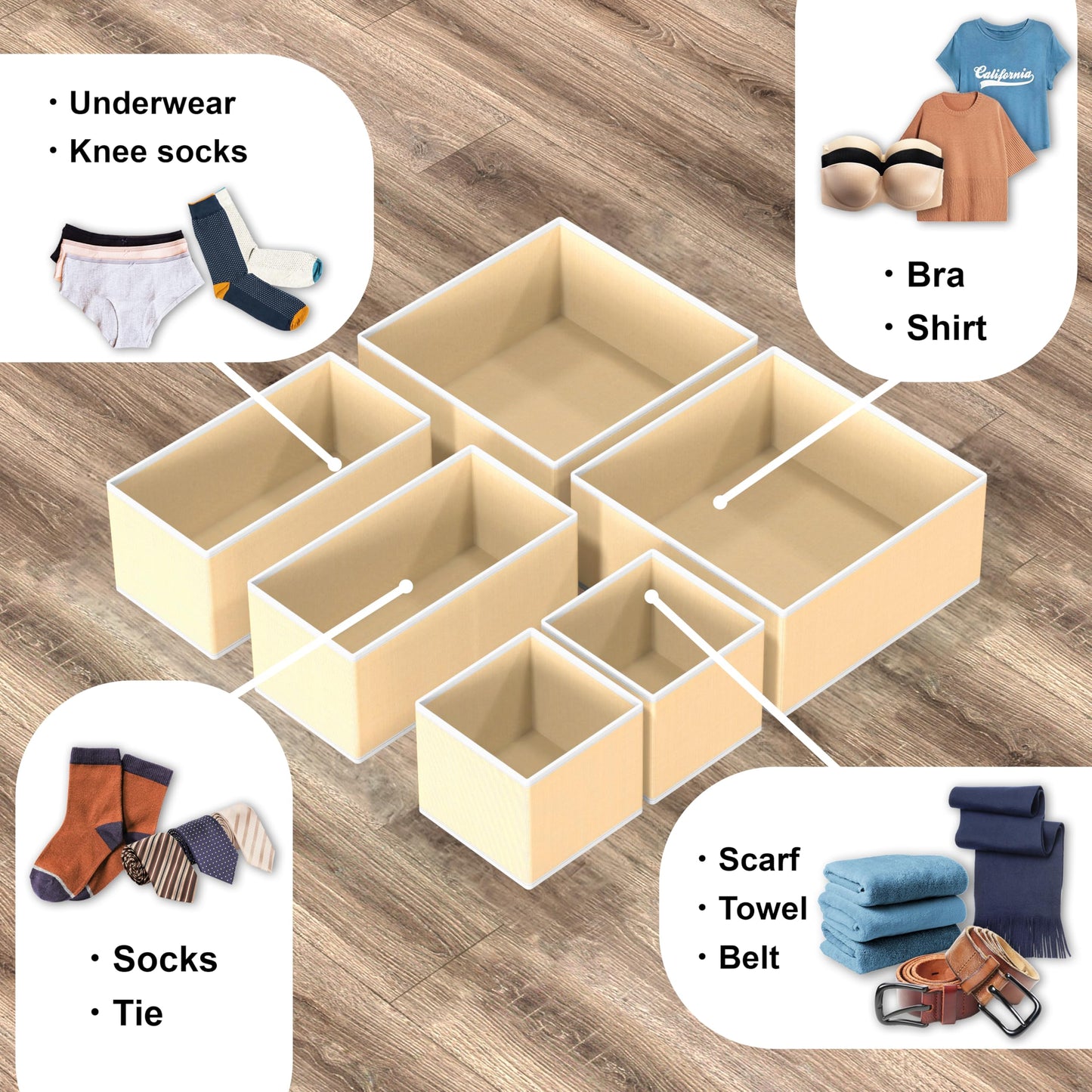 SimpleHouseware Set of 6 Drawer Organiser Storage Bin for Clothing, Underwear and Bra, Beige