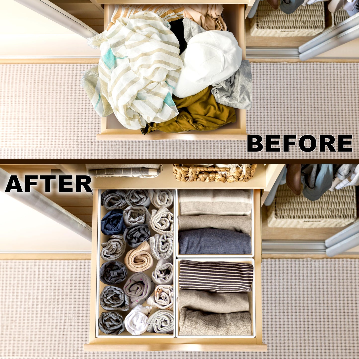 SimpleHouseware Set of 6 Drawer Organiser Storage Bin for Clothing, Underwear and Bra, Beige