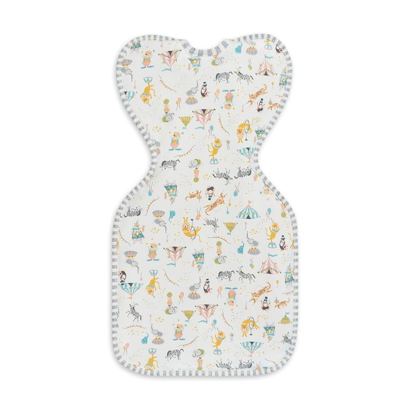 Love To Dream Swaddle Up, 1.0 Tog Baby Sleep Sack, Swaddle Up Self-Soothing Swaddles for Babies, Get Longer Sleep, Snug Fit Helps Calm Startle Reflex, Small (3.5-6kg), Circus White