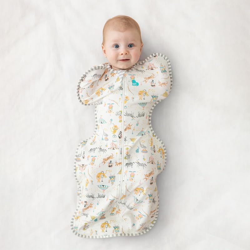 Love To Dream Swaddle Up, 1.0 Tog Baby Sleep Sack, Swaddle Up Self-Soothing Swaddles for Babies, Get Longer Sleep, Snug Fit Helps Calm Startle Reflex, Small (3.5-6kg), Circus White