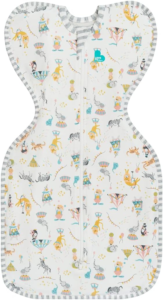 Love To Dream Swaddle Up, 1.0 Tog Baby Sleep Sack, Swaddle Up Self-Soothing Swaddles for Babies, Get Longer Sleep, Snug Fit Helps Calm Startle Reflex, Small (3.5-6kg), Circus White
