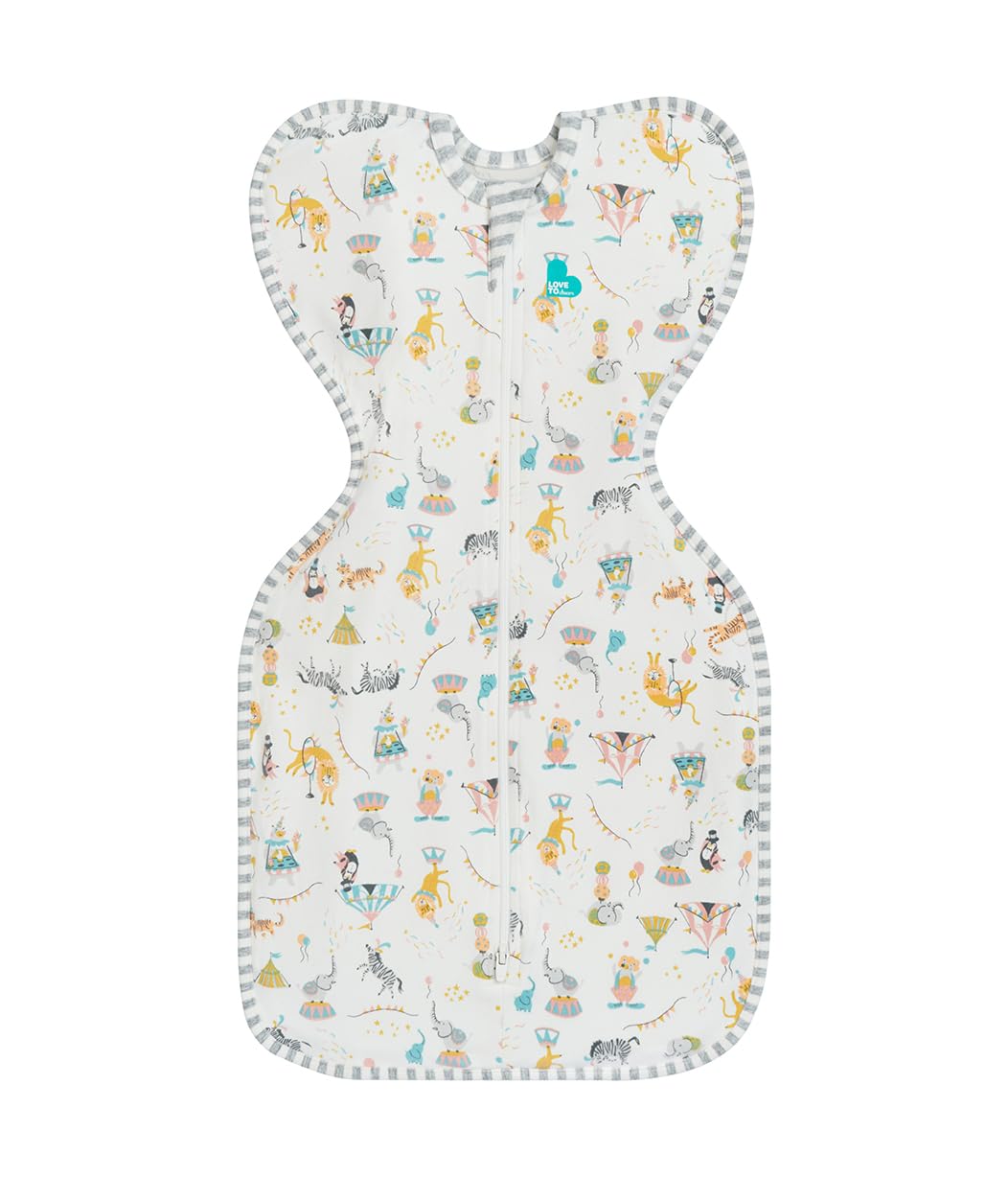 Love To Dream Swaddle Up, 1.0 Tog Baby Sleep Sack, Swaddle Up Self-Soothing Swaddles for Babies, Get Longer Sleep, Snug Fit Helps Calm Startle Reflex, Small (3.5-6kg), Circus White