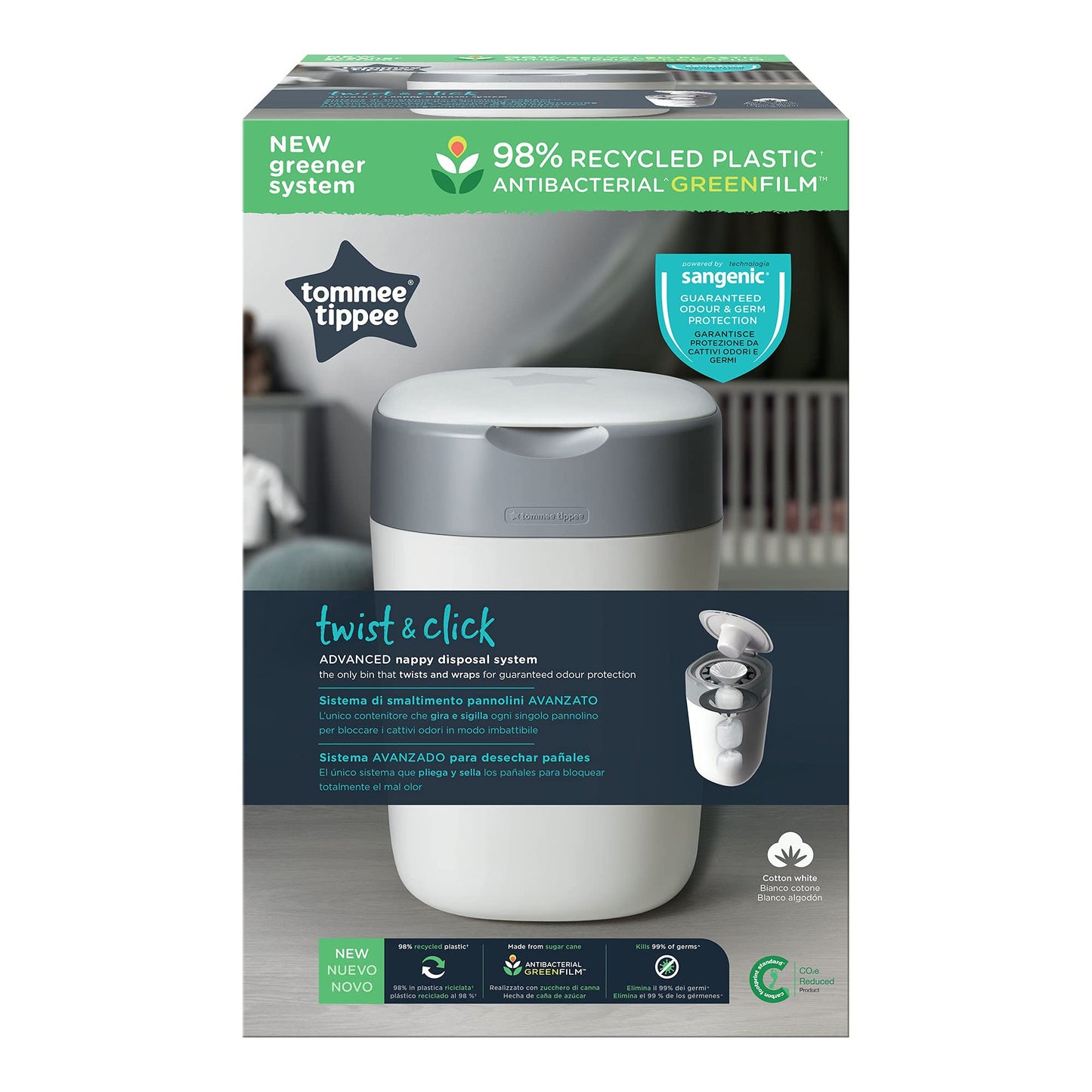 Tommee Tippee Twist and Click Advanced Nappy Bin, Includes 1x Refill Cassette, Locks in Odours and Germs, White
