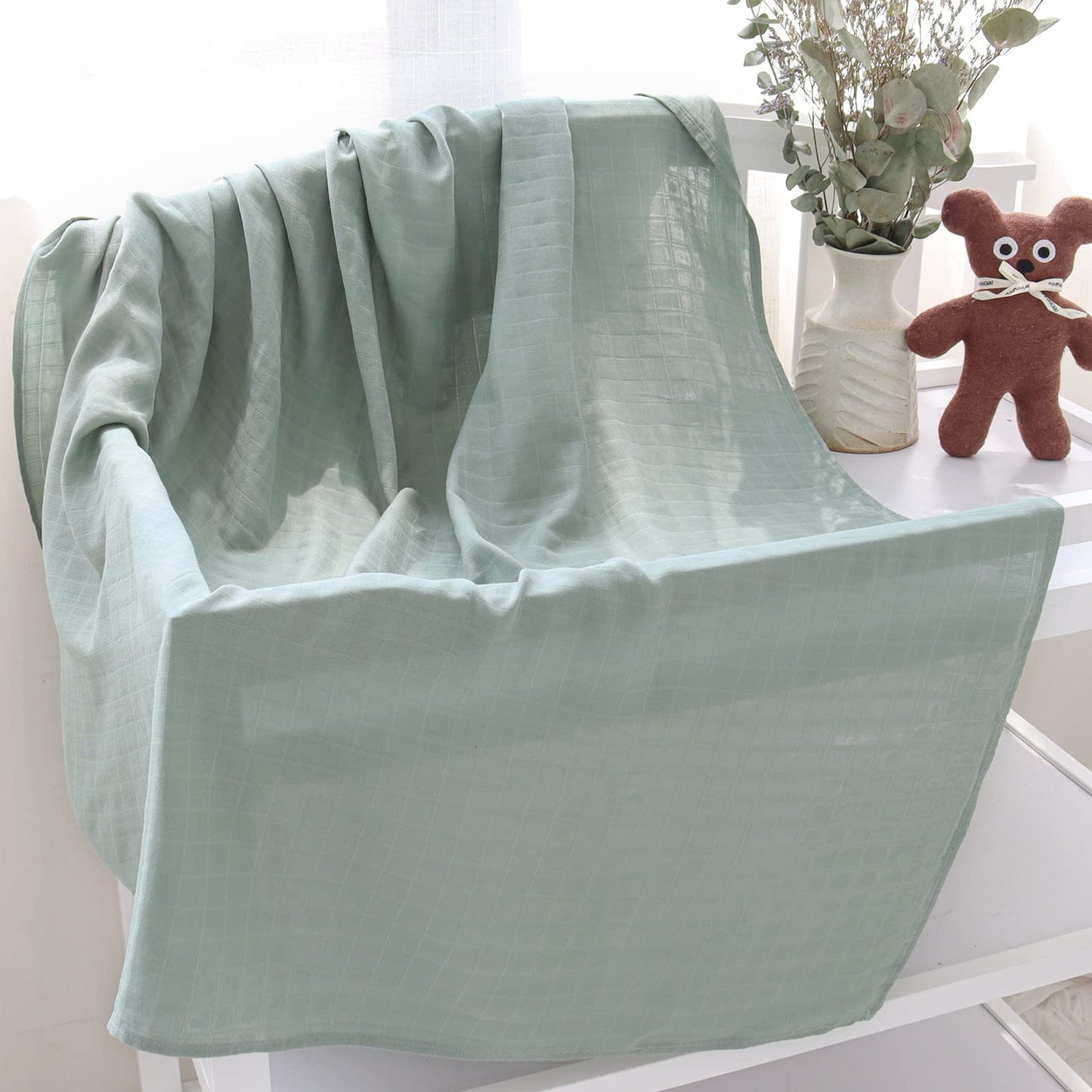 LifeTree Muslin Baby Swaddle Blankets, Baby Swaddling Neutral Receiving Blanket for Boys & Girls, 70% Viscose from Bamboo & 30% Cotton, Large 47 x 47 inches Eucalyptus Print/Roman Green