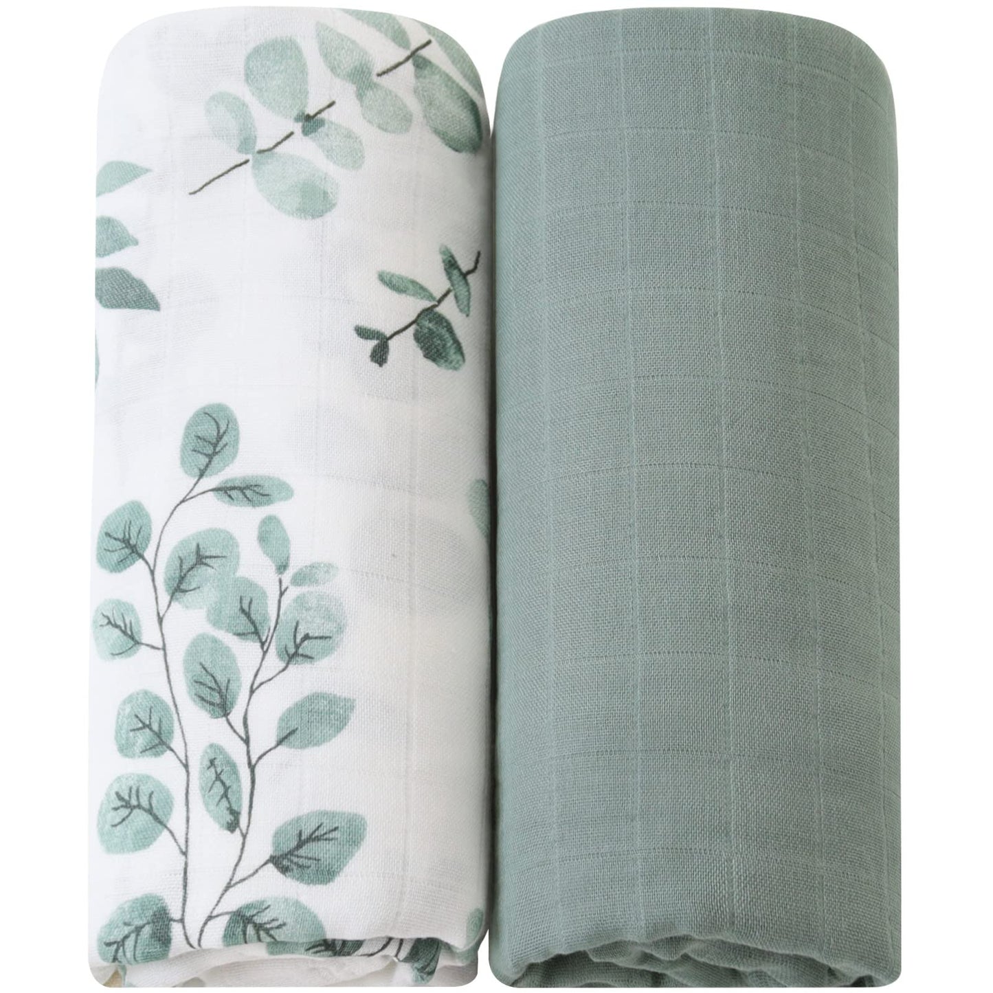 LifeTree Muslin Baby Swaddle Blankets, Baby Swaddling Neutral Receiving Blanket for Boys & Girls, 70% Viscose from Bamboo & 30% Cotton, Large 47 x 47 inches Eucalyptus Print/Roman Green