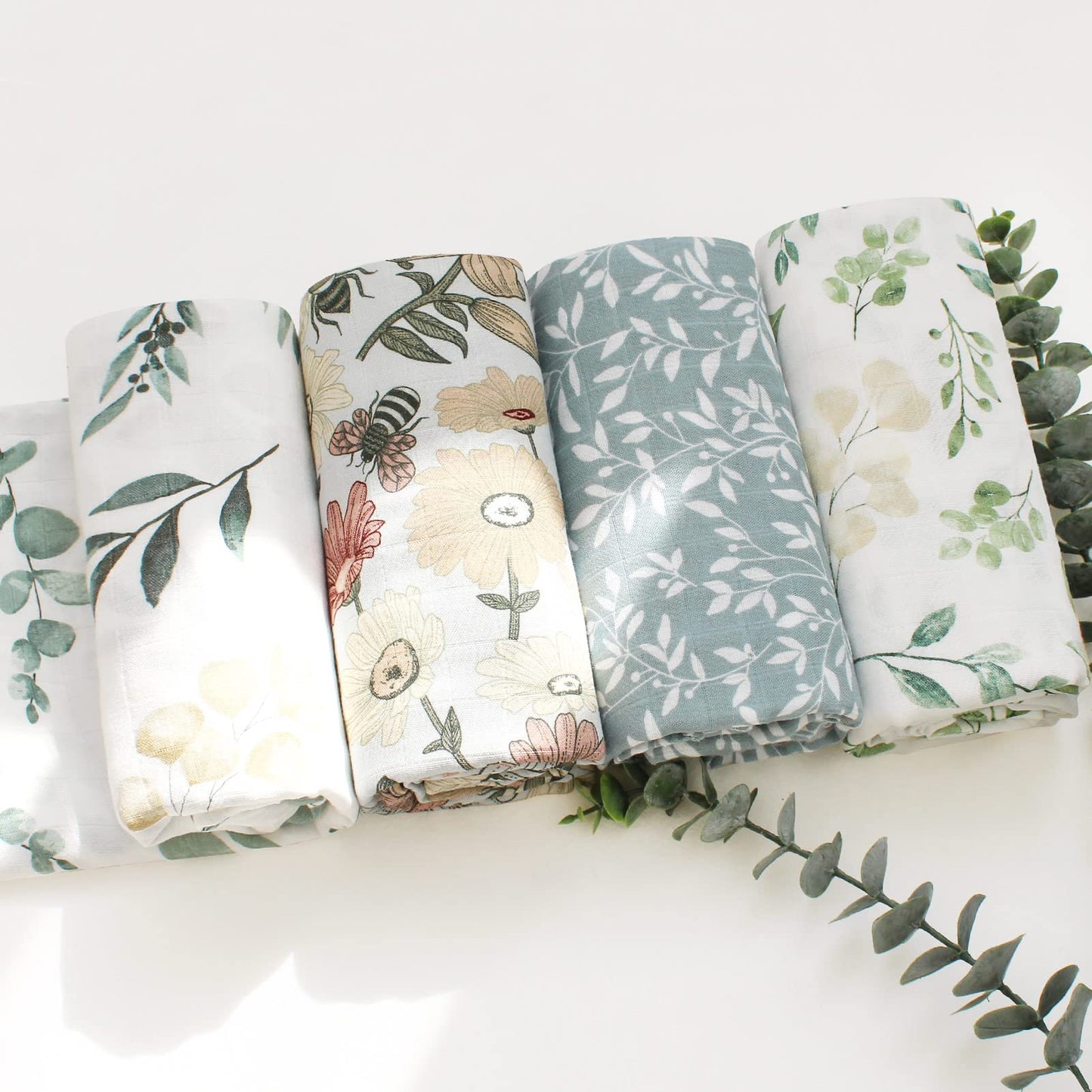 LifeTree Muslin Baby Swaddle Blankets, Baby Swaddling Neutral Receiving Blanket for Boys & Girls, 70% Viscose from Bamboo & 30% Cotton, Large 47 x 47 inches Eucalyptus Print/Roman Green