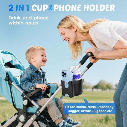 Guiseapue - Stroller Cup Holder with Phone Holder, Universal Bottle Holder for Wheelchair Walker Bike Scooter Stroller Accessories for Uppababy Nuna Bugaboo Doona Stroller Gifts for Women Mom Men