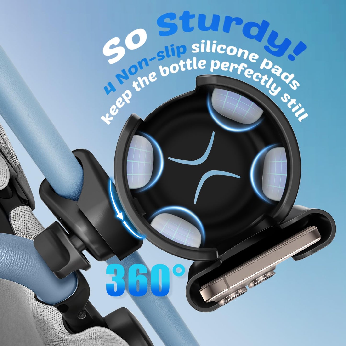 Guiseapue - Stroller Cup Holder with Phone Holder, Universal Bottle Holder for Wheelchair Walker Bike Scooter Stroller Accessories for Uppababy Nuna Bugaboo Doona Stroller Gifts for Women Mom Men