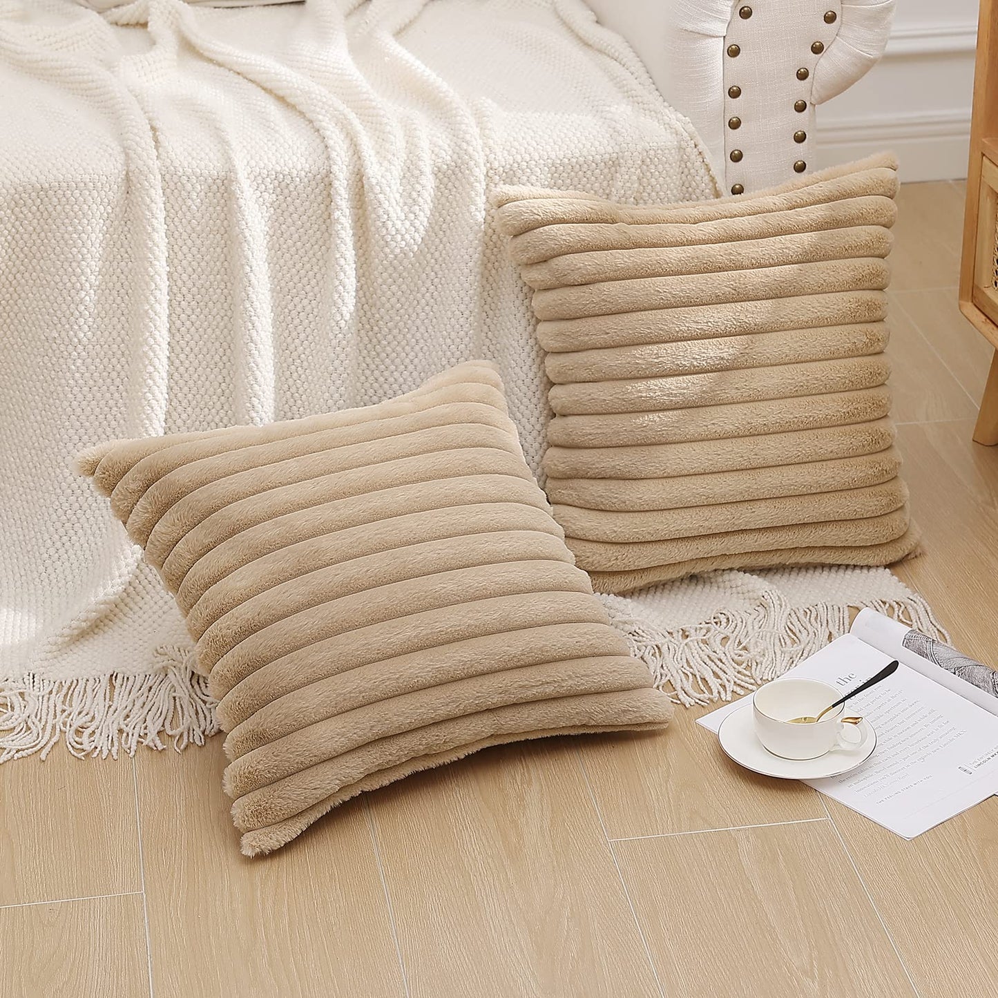 Pallene Faux Fur Plush Throw Pillow Covers Set of 2, Luxury Soft Fluffy Striped Decorative Pillow Covers for Sofa, Couch, Living Room, Khaki