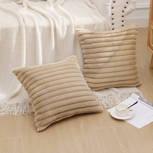 Pallene Faux Fur Plush Throw Pillow Covers Set of 2, Luxury Soft Fluffy Striped Decorative Pillow Covers for Sofa, Couch, Living Room, Khaki