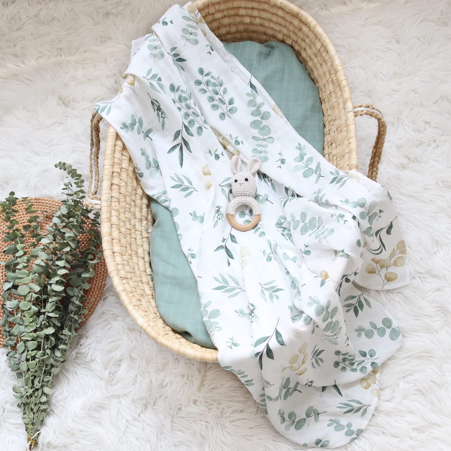 LifeTree Muslin Baby Swaddle Blankets, Baby Swaddling Neutral Receiving Blanket for Boys & Girls, 70% Viscose from Bamboo & 30% Cotton, Large 47 x 47 inches Eucalyptus Print/Roman Green