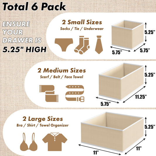 SimpleHouseware Set of 6 Drawer Organiser Storage Bin for Clothing, Underwear and Bra, Beige